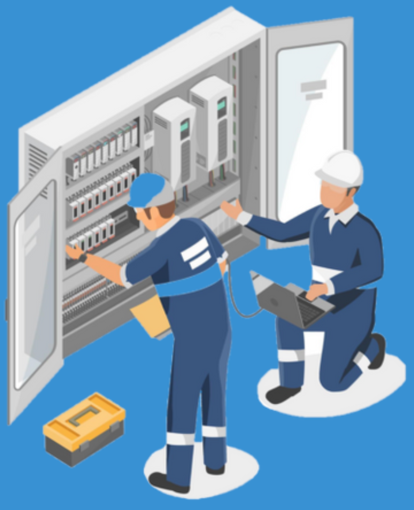 Illustration of two workers at an electrical panel